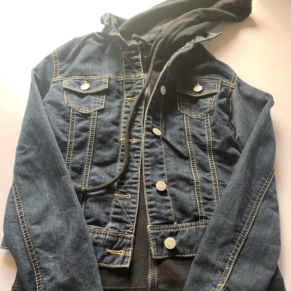 Womans jean jacket with cotton hoodie attached